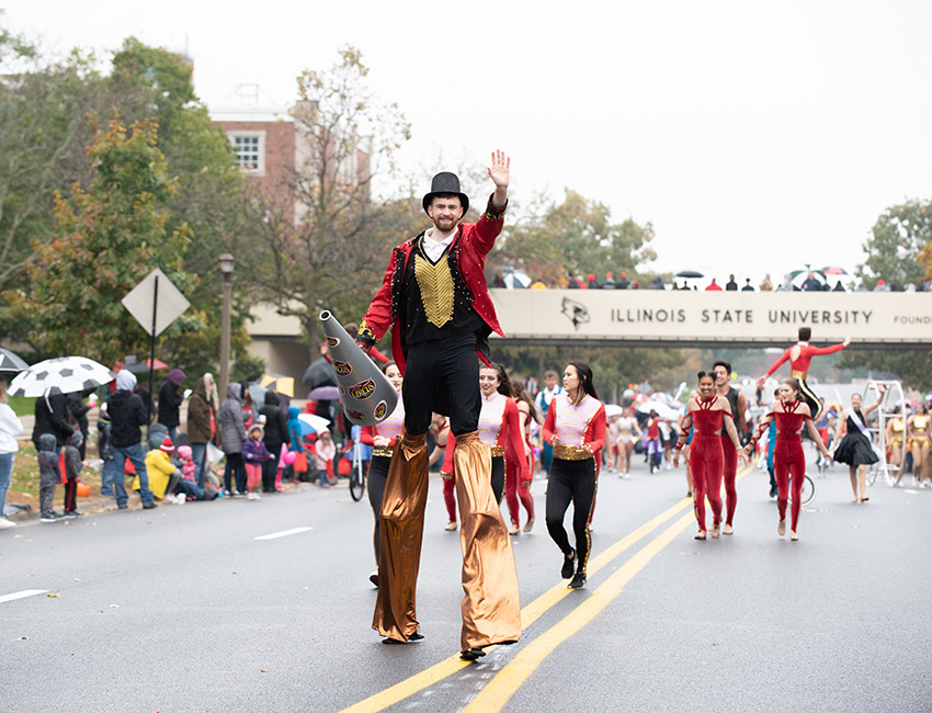 Circus performer at Homecoming parade.